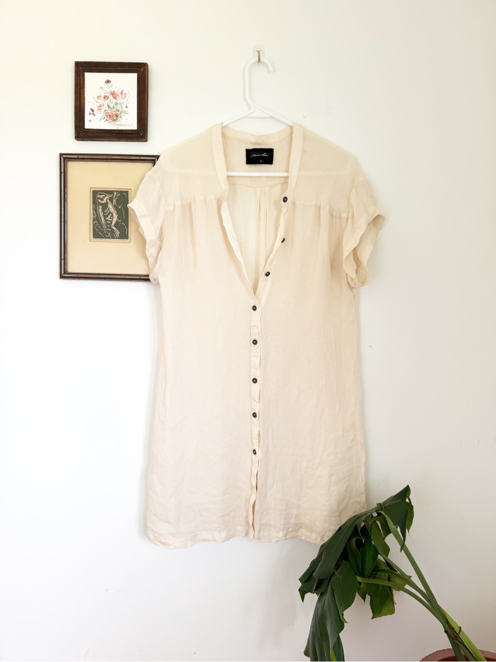 100% Silk Misha Light Cream Button-Front Tunic Dress swimsuit coverup